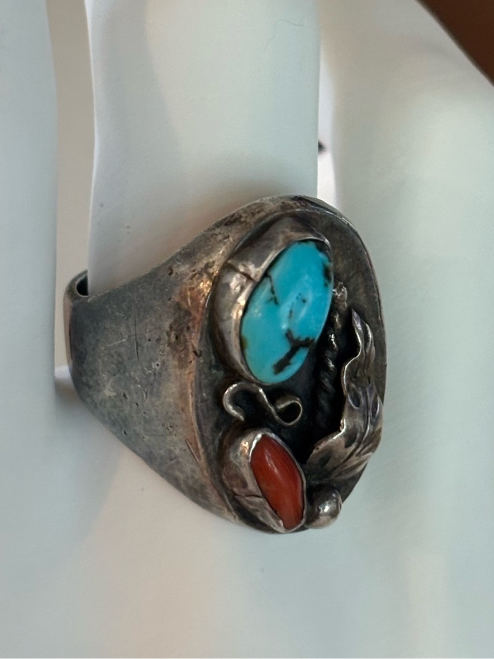Vintage Sterling Silver Turquoise Coral Ring 10 Southwestern Native Old Pawn 21g - Picture 10 of 10